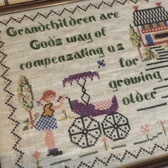 Vintage “Grandchildren” Cross Stitch on Linen Framed - Picture 1 of 8